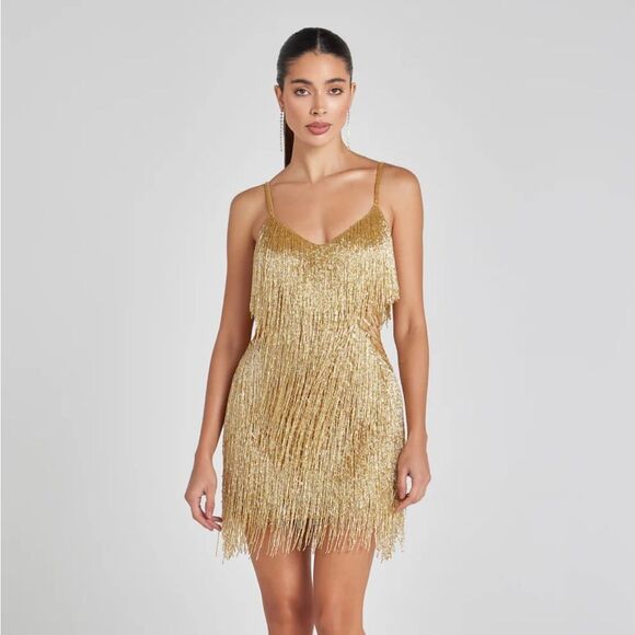 NADINE MERABI Tammy Gold beaded Mini Dress fringe $795 Revolve NWT 6 - Picture 5 of 16